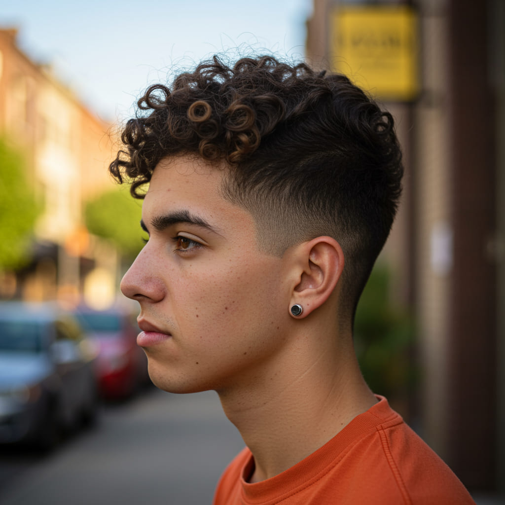 10 Trendy Hispanic Mexican Low Taper Fade haircuts For men 1 A young Latino man showcasing a sharp Mexican low taper fade haircut with thick, textured hair on top. The style features a gradual #1.5 guard fade starting above the ears, crisp temple lines, and a razor-sharp neckline taper. Natural waves are styled forward for a modern Chicano barber look with defined edges.